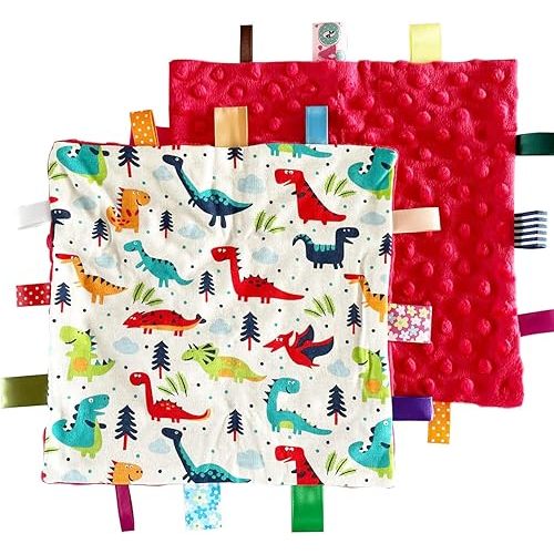 1 PC Red Dinosaur Baby Tag Blanket, Cute Label, Small Tags Security Blanket for Kids Toddlers Gift(9.84x9.84inch)
