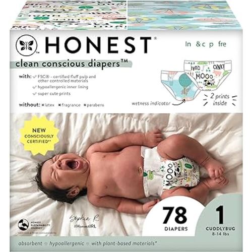 The Honest Company Clean Conscious Diapers | Plant-Based, Sustainable | Above It All + Barnyard Babies | Club Box, Size 1 (8-14 lbs), 78 Count