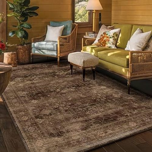 Boho Taupe Brown 5x7 Living Room Rug - Modern Vintage Traditional Oriental Neutral, Washable Low Pile Non-Slip Large Area Rugs for Nursery Dining Under Table