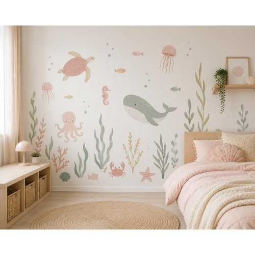 Under the Sea Wall Decals | Ocean Nursery Wall Decals | Peel and Stick Sea Animals | Whale Turtle Octopus Jellyfish Wall Stickers | Coastal