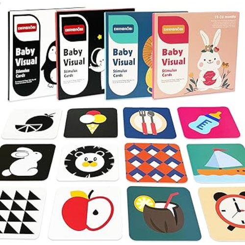 PELOSTA 64 PCS 128 Page Baby Visual Stimulation Cards,High Contrast Infant Flashcards for Baby Sensory Develop,3D Learning Activity Card for Baby 0-3-6-9-12-18-36 Months,Tummy Time Baby Toy Gifts