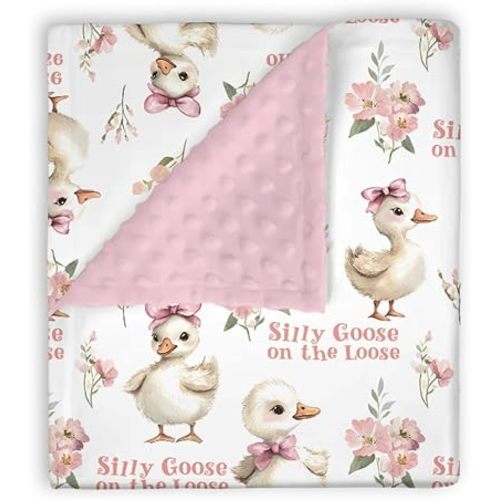 Mink Baby Girl Blanket Silly Goose on the Loose, Funny Pink Flower Geese Farm Animal Double Layer Dotted Backing Receiving Swaddle Newborn Infant Toddler Nursery Crib Bedding Shower Gift 30x40
