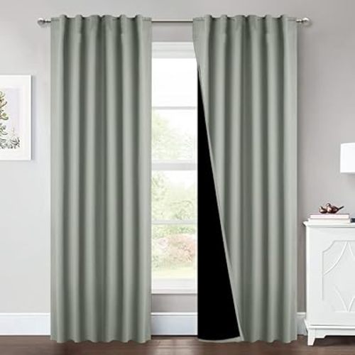 NICETOWN Greyish Green 100% Blackout Window Curtain Panels, Cold and Full Light Blocking Drapes with Black Liner for Nursery, 84 Inches Drop Thermal Insulated Draperies (2 Pieces, 52 inches Wide)