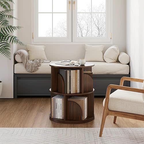 YOWOS Rotating Bookshelf, Small Corner Bookshelf for Small Space, 360 Display Floor Standing Bookcase Storage Rack, Wood Narrow Book Shelf Organizer for Bedroom, Living Room (Walnut, 2 Tiers)