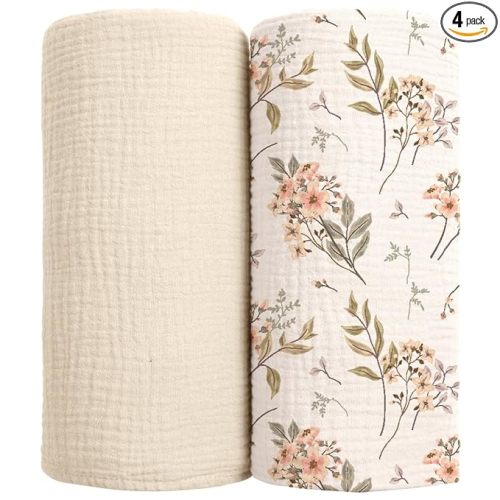 lulumoon Muslin Swaddle Blankets for Baby: Soft Cotton Newborn Receiving Blankets - Floral Print Nursery Gift Set for Baby Girls(White Flower)