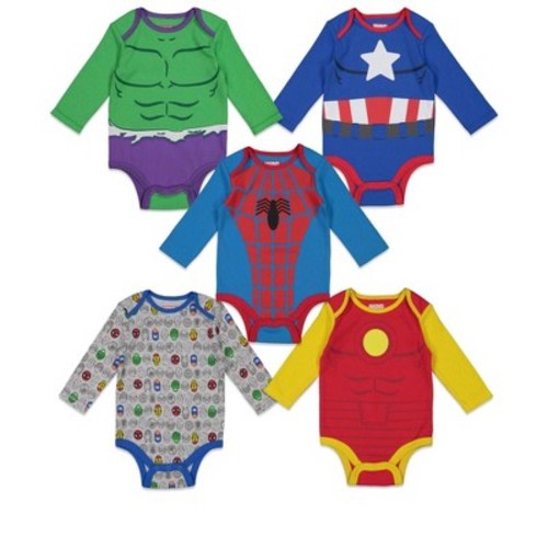 Marvel Avengers Spider-Man Iron Man Captain America Newborn Baby Boys 5 Pack Bodysuits Multicolored Newborn