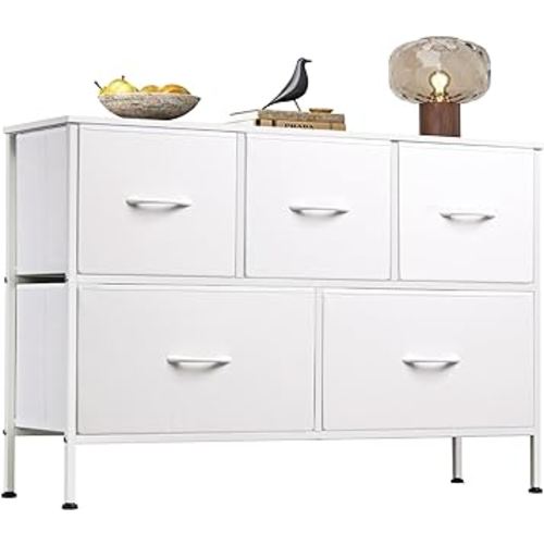 WLIVE White Dresser for Bedroom with 5 Drawers, Chest of Drawers, Fabric Small Dresser with Drawer Organizers, Storage Organizer Unit for Hallway, Entryway, Closets