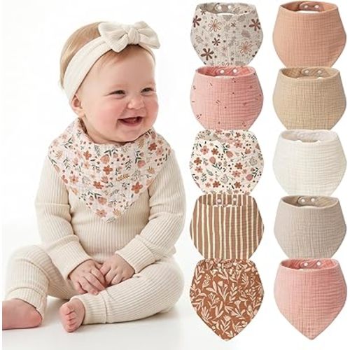 Tunnkit Muslin Baby Bibs, 10 Pack Triangular Bibs for Girls and Boys, Extra Absorbent Baby Bandana Drool Bibs for Newborn and Infants, Baby Essentials for Teething and Drooling