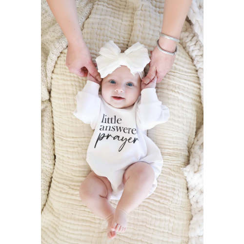 Little Answered Prayer Graphic Sweatshirt Bubble Romper | White