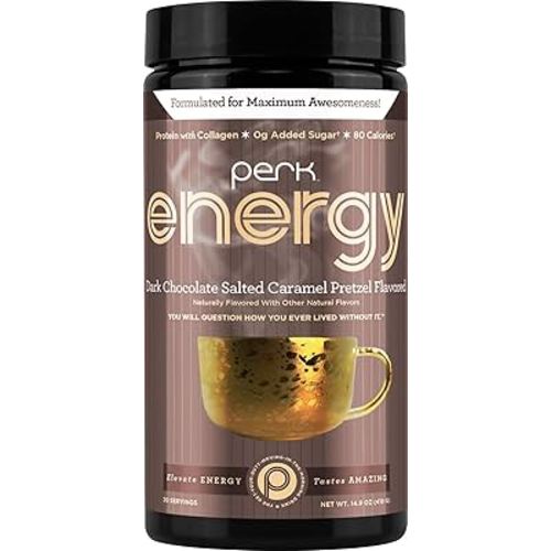 Perk Energy Dark Chocolate Salted Caramel Pretzel - Caffeinated Protein Drink Mix with 9g Protein & 100mg Caffeine - Gluten Free, Soy Free, Peanut Free - 20 Servings