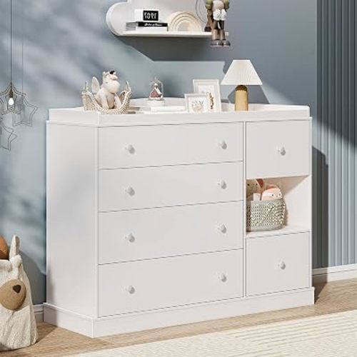 Kids Dresser Cabinet with 6 Drawers, Changing Table for Nursery with Shelf, Multi-Functional Chest of Drawers, Kids Bedroom Furniture, Nightstand for Children's Room, White
