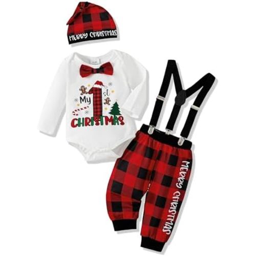AMAWMW My First Christmas Baby Boy Outfit Infant 1st Christmas Romper Red Plaid Suspender Pants Hat Newborn Clothes Sets