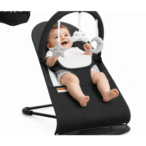 Baby Rocker and Stationary Seat, Foldable 2-in-1 Bouncer with Recline and Toy Bar,Dark Grey