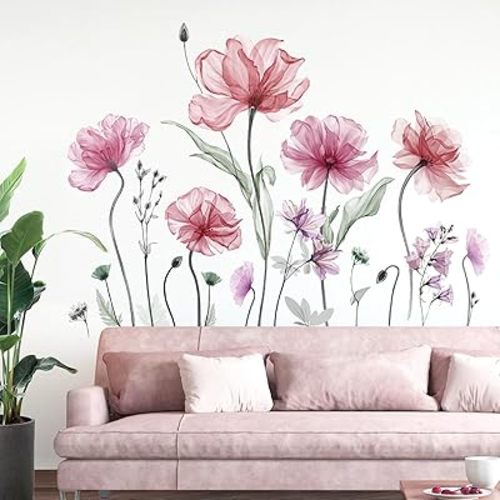 decalmile Large Flower Wall Decals Gifts for Mom Pink Watercolor Floral Blossom Wall Stickers Bedroom Living Room TV Background Home Decor