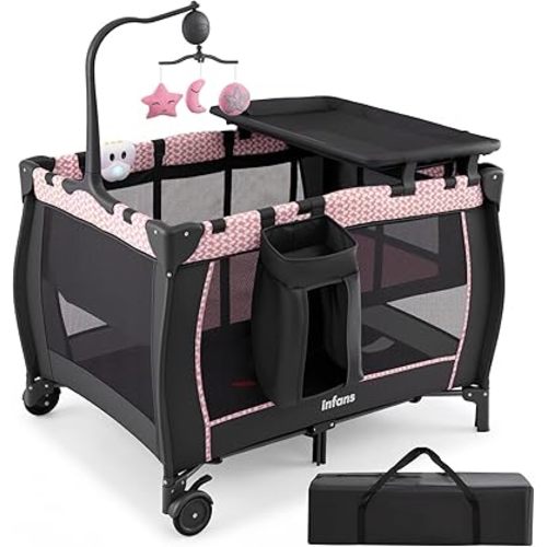 INFANS 3 in 1 Pack and Play, Portable Travel Baby Bassinet with Detachable Mattress, Changing Table, Foldable Playpen with Carry Bag, 2 Wheels (Pink Stripes)