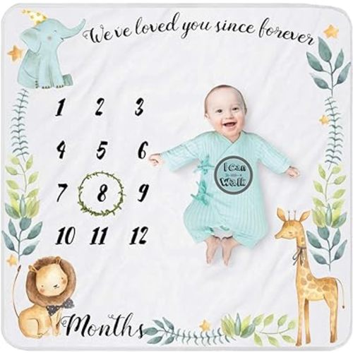 Safari Baby Monthly Milestone Blanket for Boy and Girl, Gift for Baby Shower, Growth Chart Photo Blanket, Wreath &12 Stickers Included, Soft Flannel Blanket, Elephant, Lion 40''x 40''