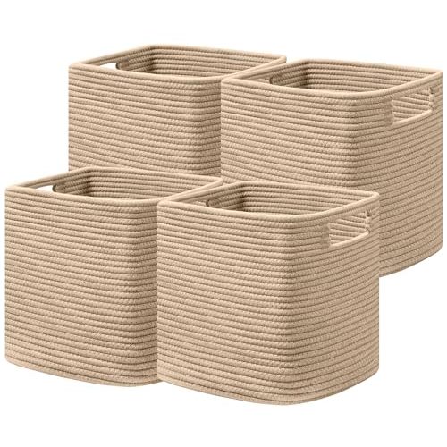 UBBCARE Set of 4 Storage Basket-13 X 13 X 13 In, Cotton Rope Basket for Shelves, Toys, Book, Cube Storage Bins with Handles, Woven Storage Basket for Organizing, Brown