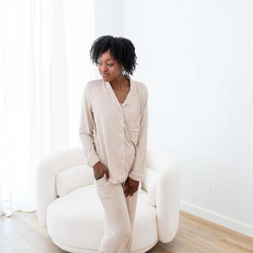 Long-Sleeved Women's Pajama Set in Bisque with Cloud Trim