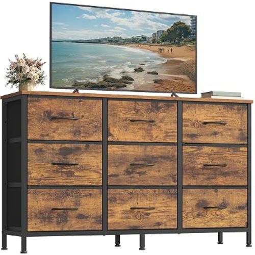 SONGMICS Dresser with 9 Fabric Drawers, TV Stand for TVs Up to 55 Inches