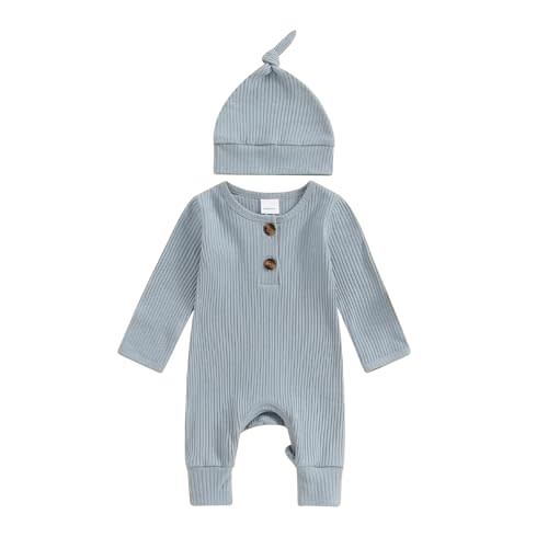 Newborn Baby Boy Girl Clothes Infant Ribbed Romper Solid Long Sleeve Knit Bodysuit Jumpsuit Hat Coming Home Outfit