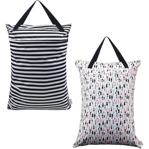 ALVABABY 2 Pack Large Wet Dry Bag Waterproof Hanging Cloth Diaper with Double Zippered Pockets 25x18 inches (Feather & Stripe)