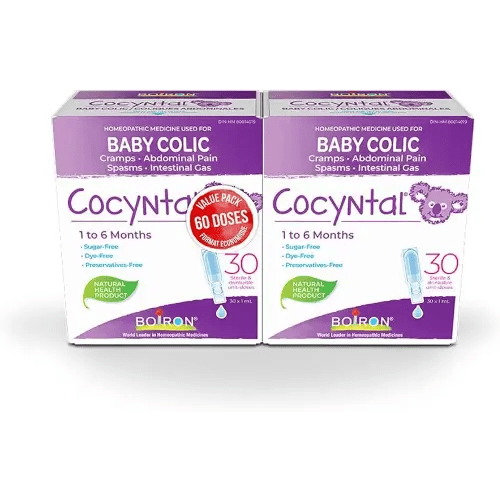 Boiron Cocyntal 60 drinkable unit-doses (Twin Pack) used for infant colic: abdominal pain, cramps, spasms and intestinal gas. Age: 1 to 6 months. Day and Night use.