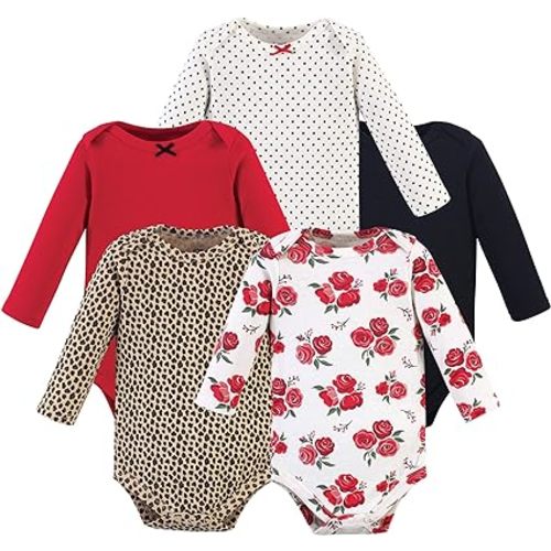 Hudson Baby baby girls Cotton Long-sleeve Bodysuits and Toddler T Shirt Set, Basic Rose Leopard 5-pack, 9-12 Months US