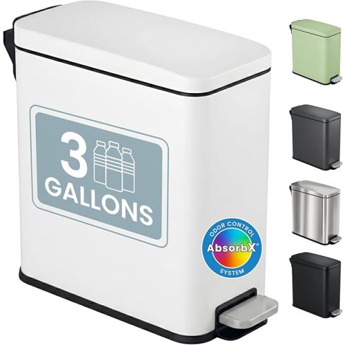 iTouchless 3 Gallon Small Wastebasket for Bathroom with Lid, Deodorizer, Soft-Step Stainless Steel Slim Garbage Bin, 11.5L White Small Trash Can, Step Pedal, Minimalist Nursery Decor for Clinic & Spa