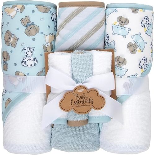 Baby Bath Essential Hooded Baby Bath Towel and Washcloth 6 Piece Set for Newborns, Infants & Toddlers, Boys & Girls Baby Hooded Towels Set (Puppy Dogs)