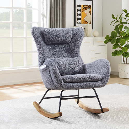 Holaki Nursery Rocking Chair Teddy, Modern Rocking Chair with High Backrest for Living Room Bedroom, Gray