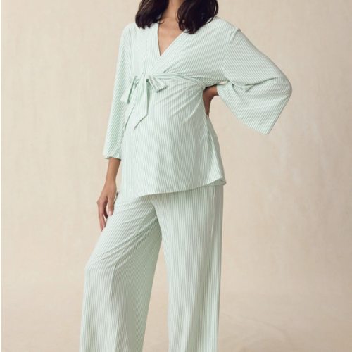 LAKE | Women | DreamModal® Pajamas | Parisian Green Pencil Stripe Maternity Kimono Bundle