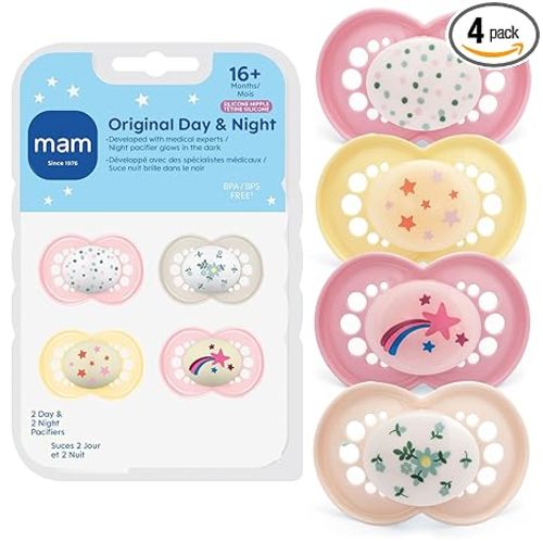 MAM Original Baby Pacifiers 16+ Months, Binky for Newborn Babies, BPA-Free Skin Soft Silicone Nipple, Glows in The Dark, Developed with Medical Experts, 4 Count, Sterilizer Case, Made in Europe