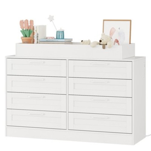 White Changing Table Dresser with 8 Wood Drawers, Classic Nursery Dresser, Multi-Functional Diaper Changing Station, Dresser for Bedroom
