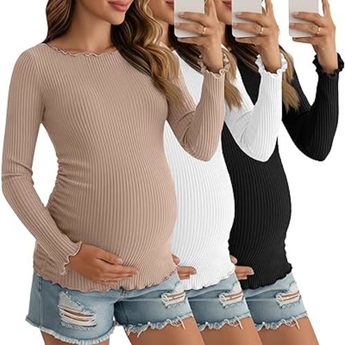 3 Pack Womens Maternity Shirts Cotton Long Sleeve Tops Lettuce Trim Boat Neck Pregnancy Ribbed Side Ruched Clothes