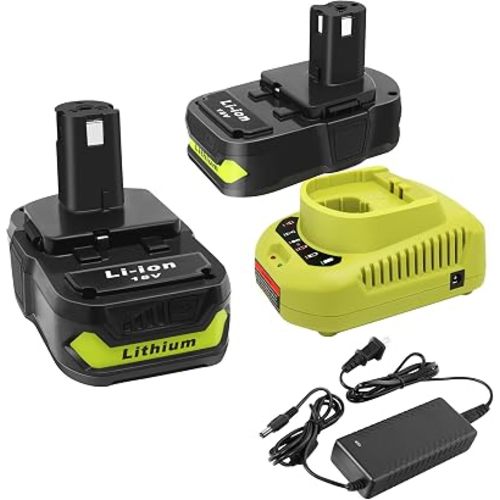 2Packs 18V Battery and Charger Combo for Ryobi 18 Volt Cordless Tools Battery and P118B Charger, 18V Battery Capacity Output 3.0Ah