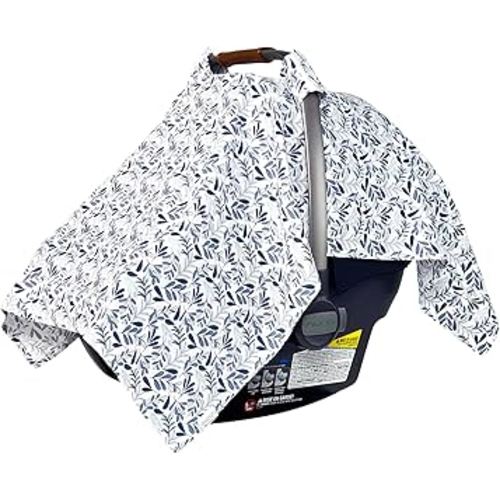 MOZAH Baby Car Seat Cover - Blue Leaves - 100% Organic Muslin - Soft, Breathable and Lightweight, Baby Infant Car Seat Essentials