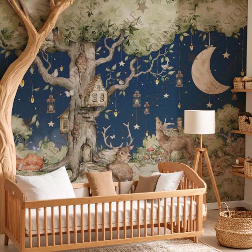 Woodland Nursery Wallpaper Mural Night Forest Animals Wall Art with Moon and Stars  Baby Room Peel & Stick Removable Decor