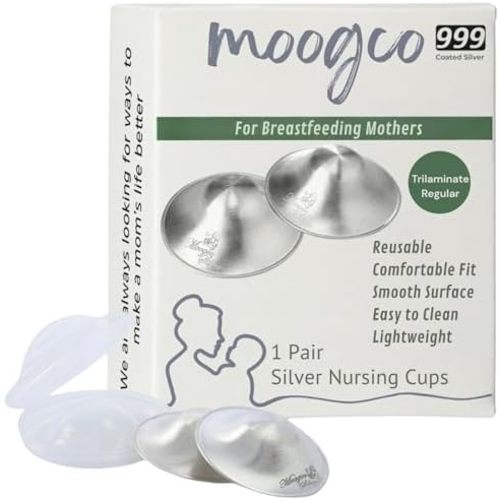 MOOGCO The Original Silver Nursing Cups - Nipple Shields for Breastfeeding Newborn - Breastfeeding Essentials - 999k Tri-Laminate Silver Nipple Covers (Regular Size, Set of 2)
