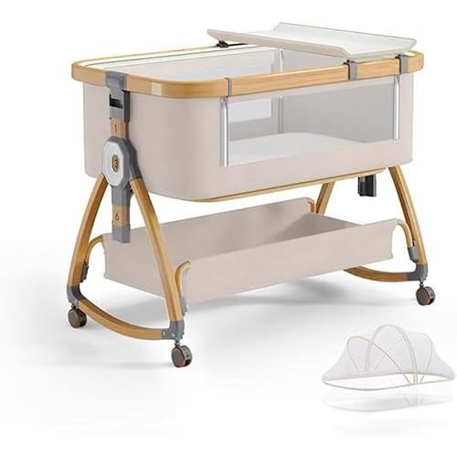 bonbay Baby Bassinet, Bedside Bassinet for Baby, 4 in 1 Portable Bassinet Bedside Sleeper with Wheels Mosquito Net & Storage Basket, 6 Height Adjustable Rocking Bassinet for Newborn Baby