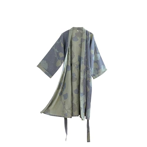 100% Cotton Gauze Ginkgo Leaf Kimono Robe, Long Knit Loose Bathrobe Nightgown Ladies Loungewear Sleepwear for Women