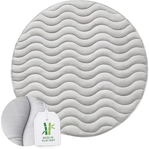 Play Mat Round 47×47, Muslin Kids Play Mat, One-Piece Crawling Mat for Baby & Toddler to Play on Floor, Non Slip, Wave Quilting, Grey
