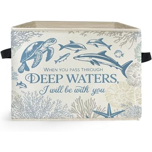 Blue Coastal Beach Christian Storage Box Bins, Ocean Turtle Shark Coral Collapsible Storage Basket Organizer for Bedroom Bathroom Home Clothes Books, Decor for Room