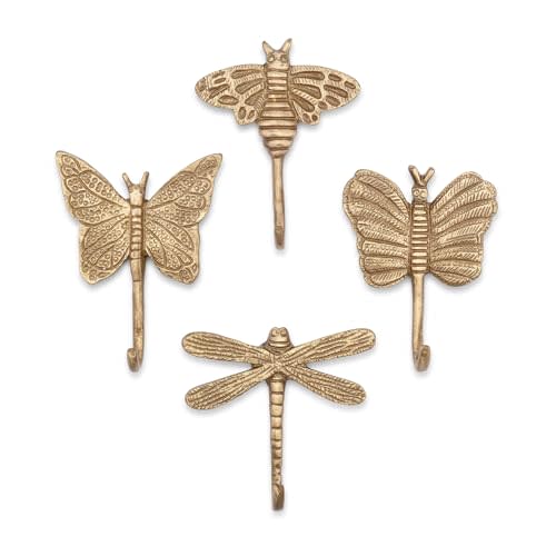 Crane Baby Dragonfly Antique Gold Dragonfly Wall Hooks, Set of 4, Decorative Brass Butterfly Wall Hook for Butterfly Nursery Decor, Vintage Girls Room Decor, Wild Flower Nursery Decoration