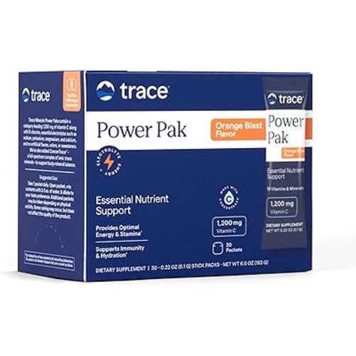 Trace Minerals Power Pak Multivitamin and Multimineral Packets - Electrolyte Support - 1200 mg Vitamin C Plus 70 Orange Blast Flavor - 30 Packets