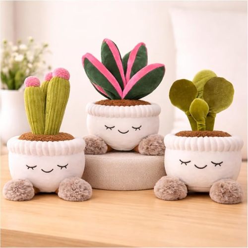 Large 12 Inch Easter Succulent Plant in Pot – Stuffed Succulent Plush, Cute Fake Plant Plush Decor for Desk, Bedroom & Nursery, Soft Potted Plant Gift (Set of 3 Succulents)