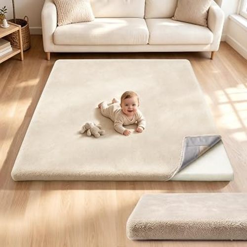 1.5" Thick Baby Play Mat for Baby, 50x50 Playpen Mat with Removable Washable Cover, Double Anti-Slip Design Crawling Rug for Babies, Toddlers, Infants, Kids, Rug Muscle Mats Playroom Rugs, Khaki
