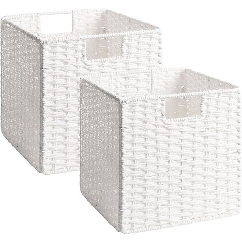 StorageWorks 11 inch Wicker Storage Cubes, Handwoven Cube Storage Bin, Square Cubes Basket, Foldable Paper Rope Basket for Organizing, White, 2 Pack