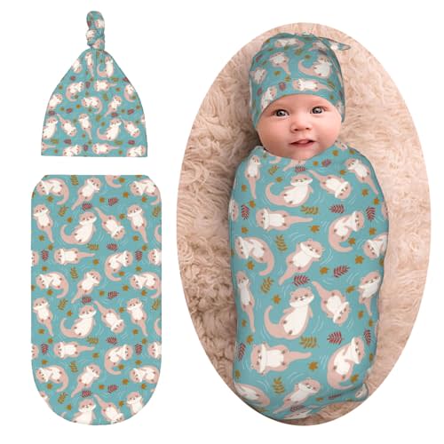 Sea Otters Cartoon Baby Stuff Newborn Baby Swaddle Blanket Swaddling Blanket with Beanie Set Soft for Unisex Girls Boys