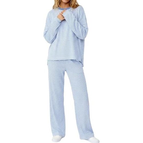 Women 2 Piece Striped Lounge Set Oversized Pajama Sets Long Sleeve Pants