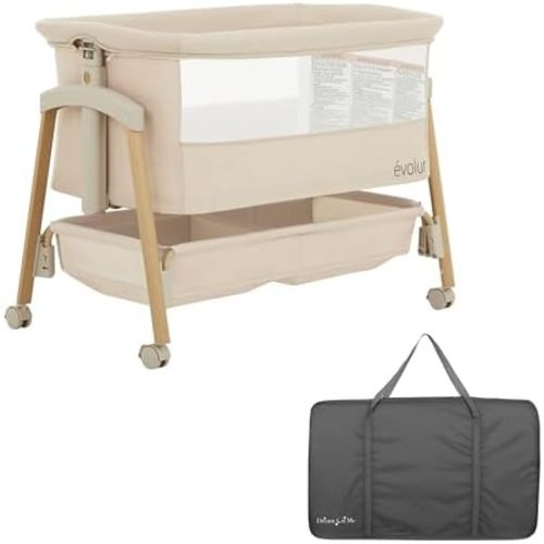 Evolur Lullaby Portable Bassinet with Wheels, Adjustable Bedside Sleeper, Breathable Mesh Sides, Large Storage Basket, Easy Fold, and Travel Bag Included, Perfect for Newborns & Infants - Biege